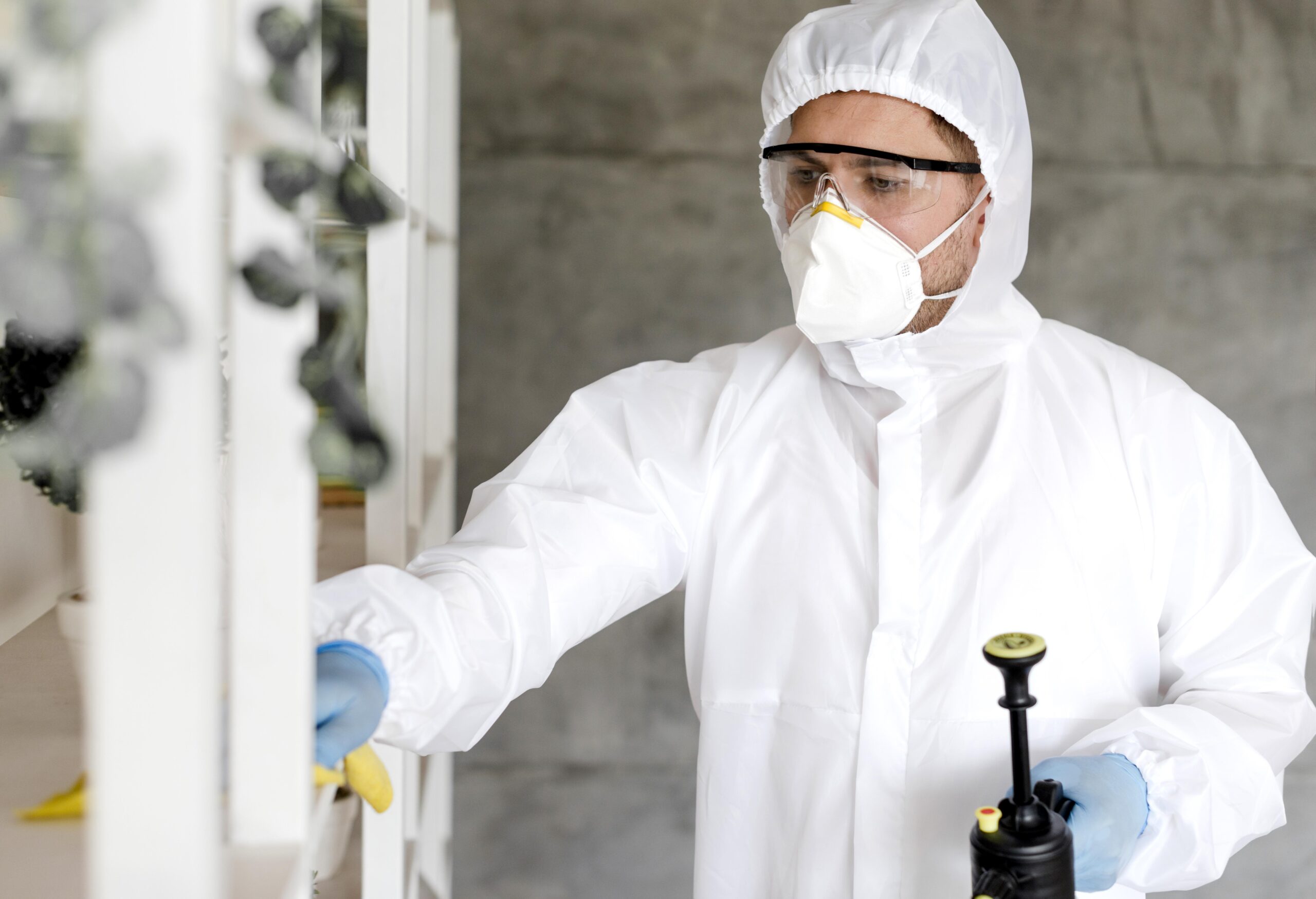man with suit disinfecting shelf